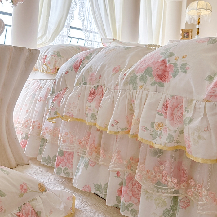 91家纺网 家纺一手货源 找家纺 网红馆（ck家纺） 2026春夏新款小清新全棉印花床裙三件套 蕾丝花海