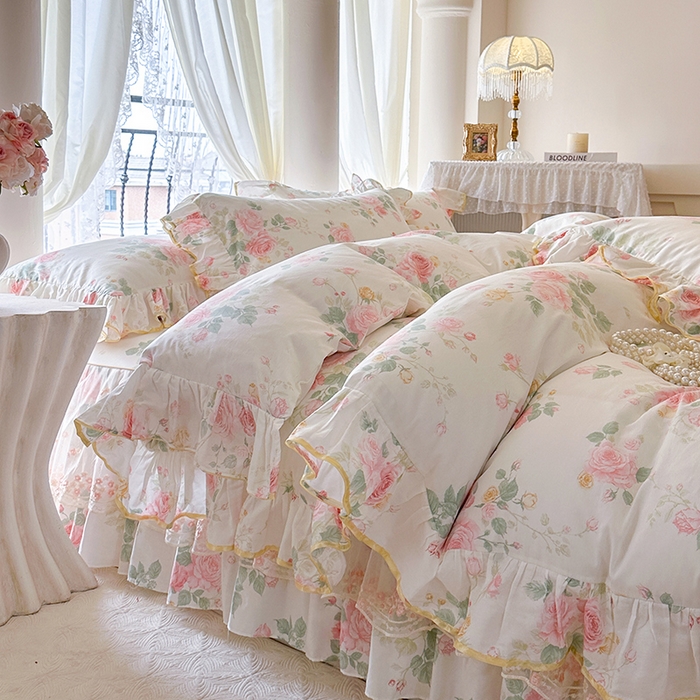 91家纺网 家纺一手货源 找家纺 网红馆（ck家纺） 2026春夏新款小清新全棉印花床裙三件套 蕾丝花海