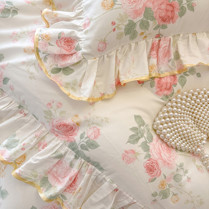 91家纺网 家纺一手货源 找家纺 网红馆（ck家纺） 2026春夏新款小清新全棉印花床裙三件套 蕾丝花海