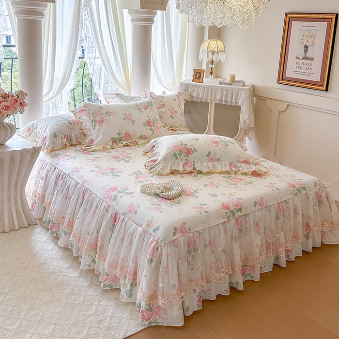 91家纺网 家纺一手货源 找家纺 网红馆（ck家纺） 2026春夏新款小清新全棉印花床裙三件套 蕾丝花海