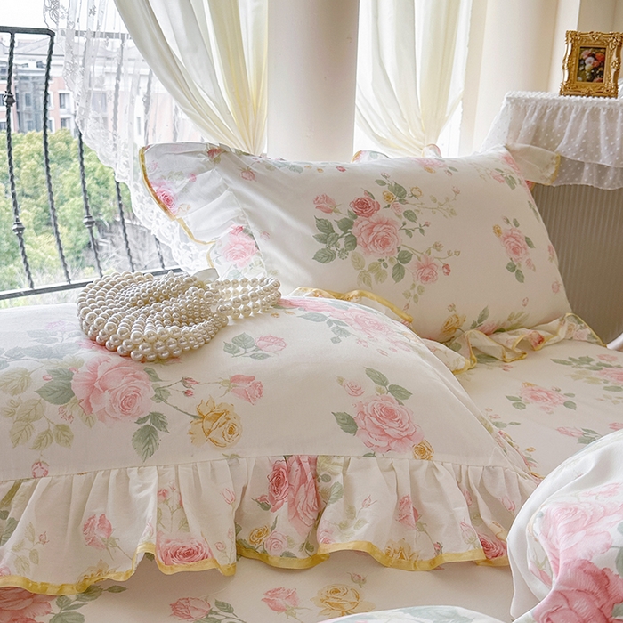 91家纺网 家纺一手货源 找家纺 网红馆（ck家纺） 2026春夏新款小清新全棉印花床裙三件套 蕾丝花海