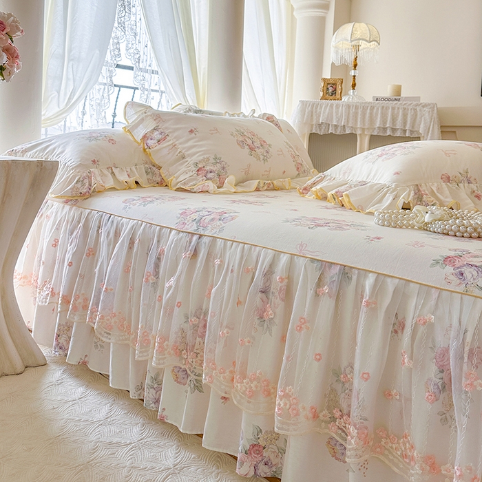 91家纺网 家纺一手货源 找家纺 网红馆（ck家纺） 2026春夏新款小清新全棉印花床裙四件套 清风花影