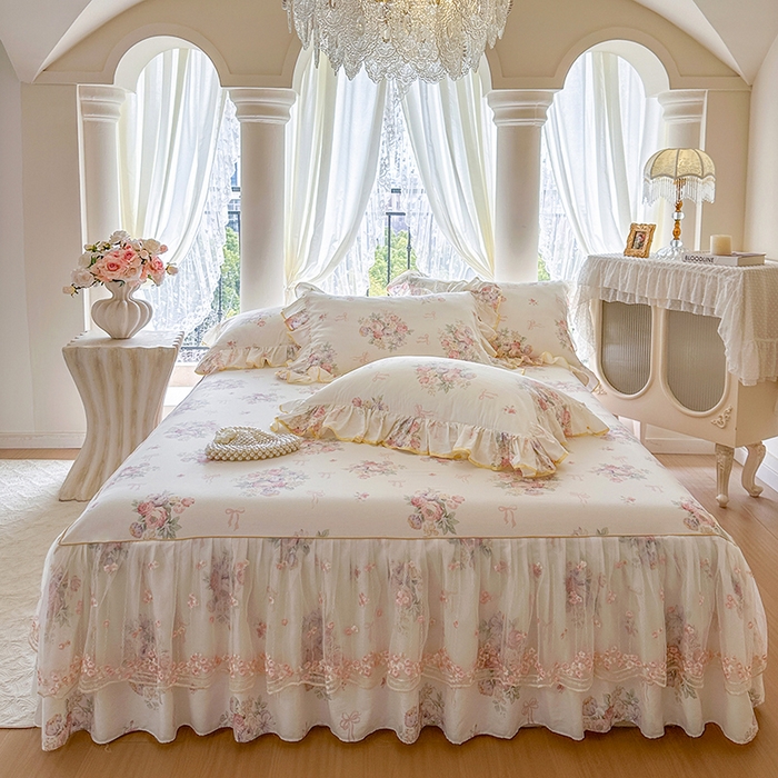 91家纺网 家纺一手货源 找家纺 网红馆（ck家纺） 2026春夏新款小清新全棉印花床裙四件套 清风花影