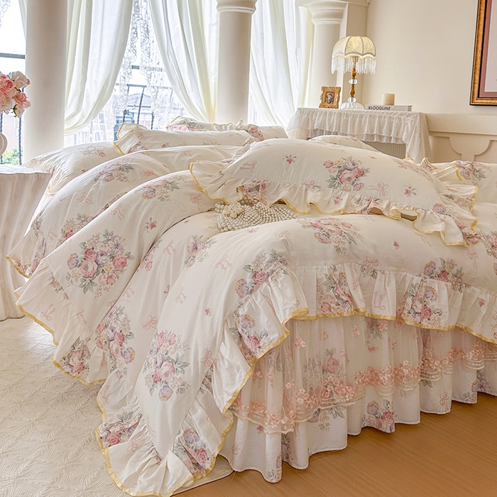 91家纺网 家纺一手货源 找家纺 网红馆（ck家纺） 2026春夏新款小清新全棉印花床裙四件套 清风花影