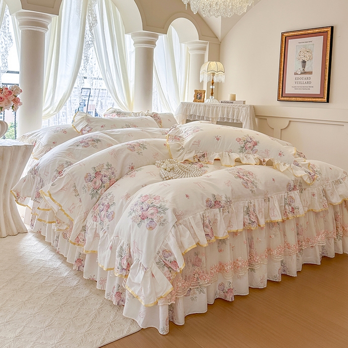 91家纺网 家纺一手货源 找家纺 网红馆（ck家纺） 2026春夏新款小清新全棉印花床裙四件套 清风花影