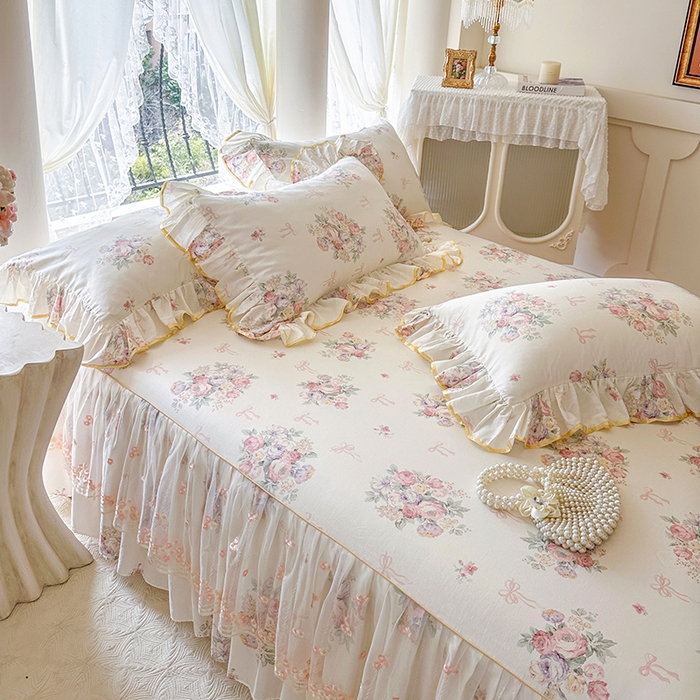 91家纺网 家纺一手货源 找家纺 网红馆（ck家纺） 2026春夏新款小清新全棉印花床裙四件套 清风花影