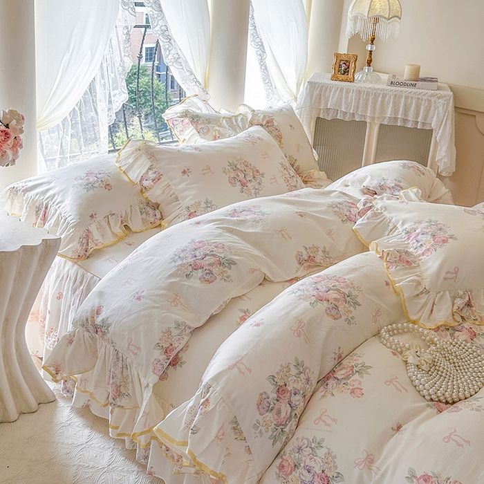 91家纺网 家纺一手货源 找家纺 网红馆（ck家纺） 2026春夏新款小清新全棉印花床裙四件套 清风花影