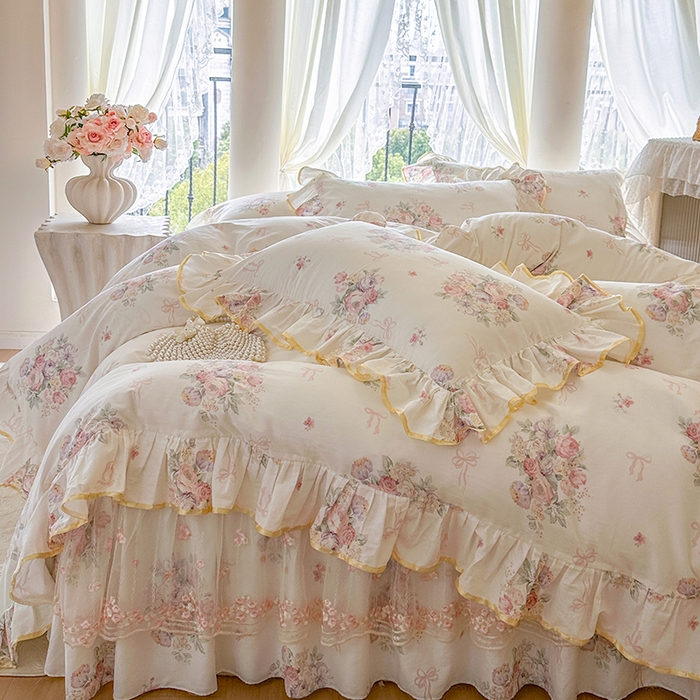 91家纺网 家纺一手货源 找家纺 网红馆（ck家纺） 2026春夏新款小清新全棉印花床裙四件套 清风花影