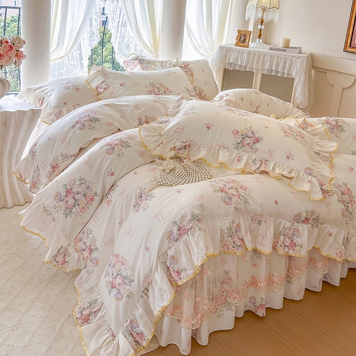 91家纺网 家纺一手货源 找家纺 网红馆（ck家纺） 2026春夏新款小清新全棉印花床裙四件套 清风花影