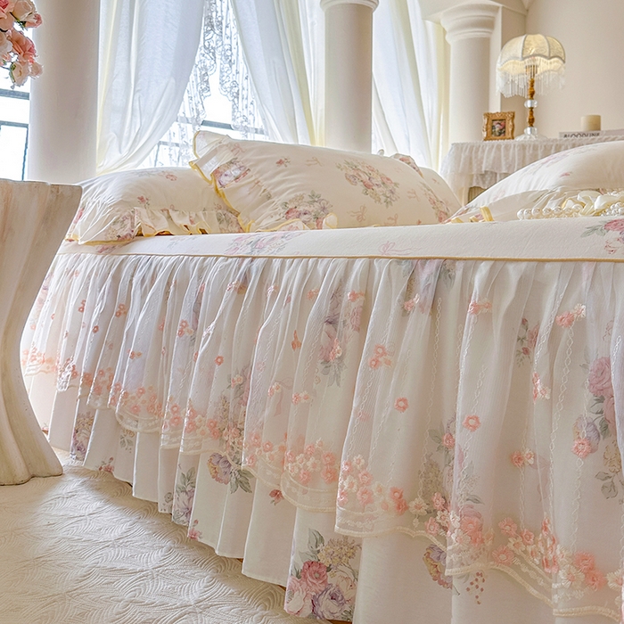 91家纺网 家纺一手货源 找家纺 网红馆（ck家纺） 2026春夏新款小清新全棉印花床裙四件套 清风花影