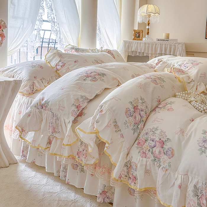 91家纺网 家纺一手货源 找家纺 网红馆（ck家纺） 2026春夏新款小清新全棉印花床裙四件套 清风花影