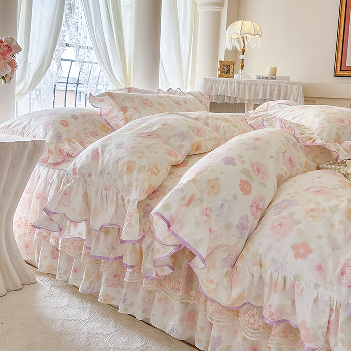 91家纺网 家纺一手货源 找家纺 网红馆（ck家纺） 2026春夏新款小清新全棉印花床裙四件套 幸福花海