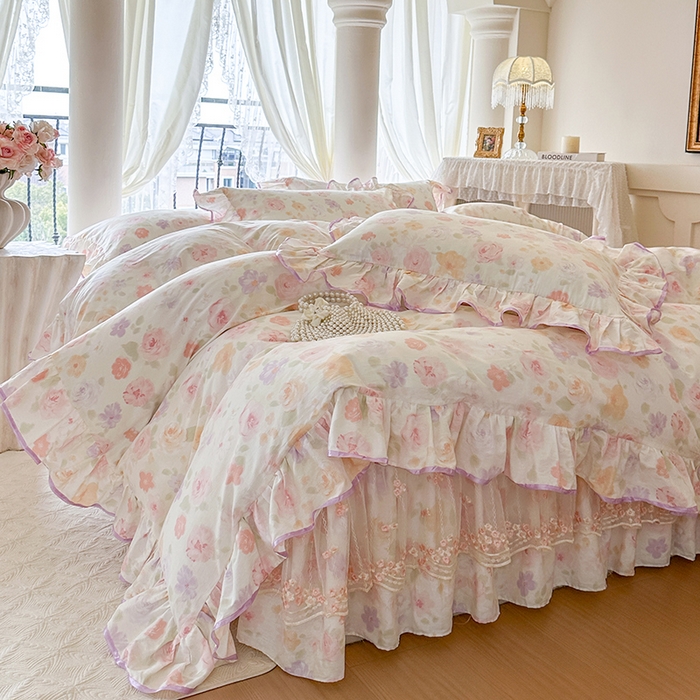 91家纺网 家纺一手货源 找家纺 网红馆（ck家纺） 2026春夏新款小清新全棉印花床裙四件套 幸福花海