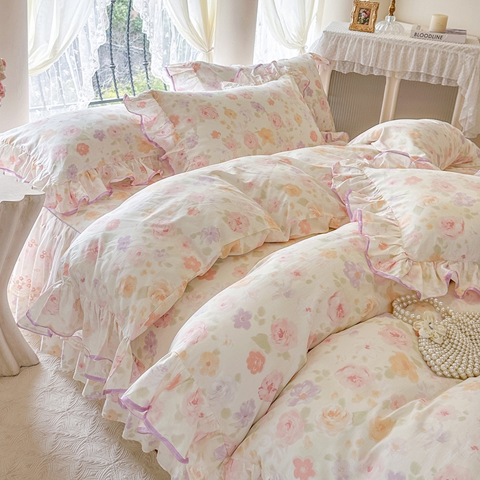 91家纺网 家纺一手货源 找家纺 网红馆（ck家纺） 2026春夏新款小清新全棉印花床裙四件套 幸福花海