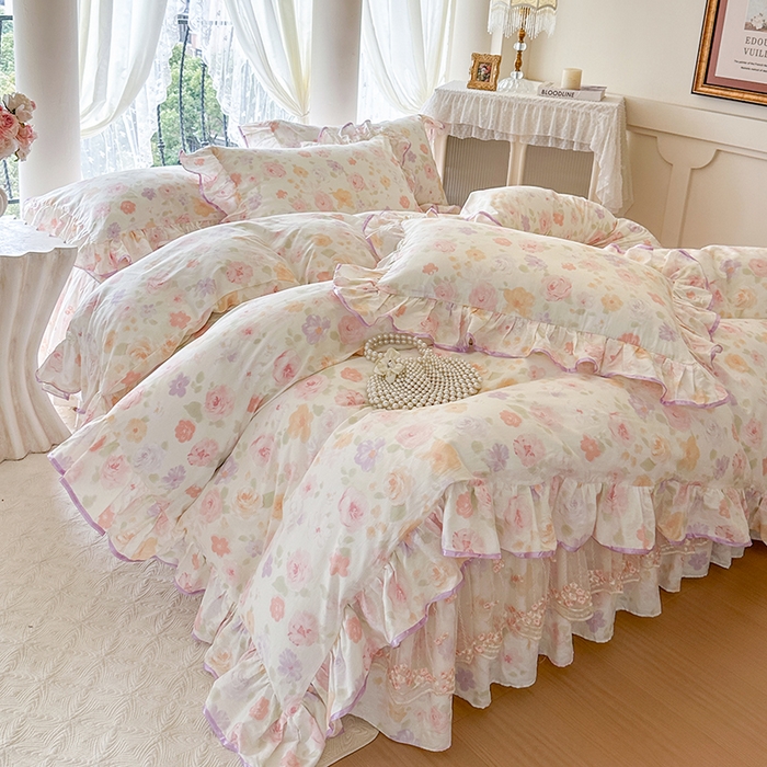 91家纺网 家纺一手货源 找家纺 网红馆（ck家纺） 2026春夏新款小清新全棉印花床裙四件套 幸福花海