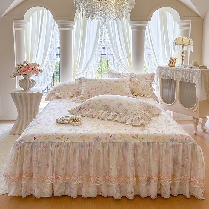 91家纺网 家纺一手货源 找家纺 网红馆（ck家纺） 2026春夏新款小清新全棉印花床裙四件套 甜心花朵