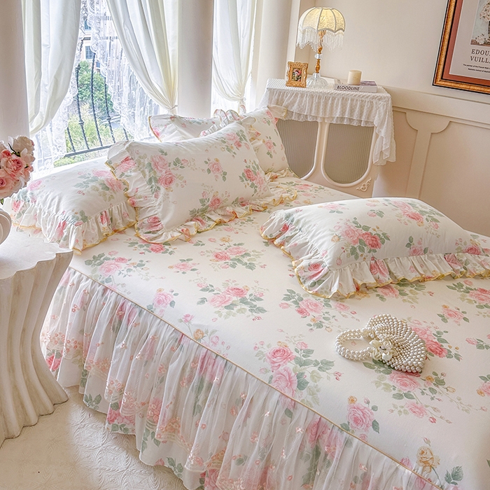 91家纺网 家纺一手货源 找家纺 网红馆（ck家纺） 2026春夏新款小清新全棉印花床裙四件套 蕾丝花海