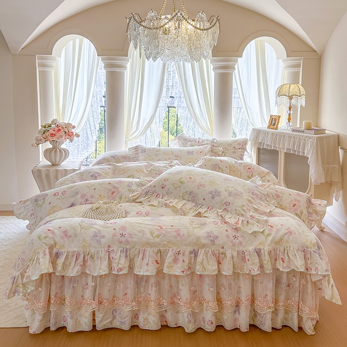 网红馆（ck家纺） 2026春夏新款小清新全棉印花床裙四件套 甜心花朵