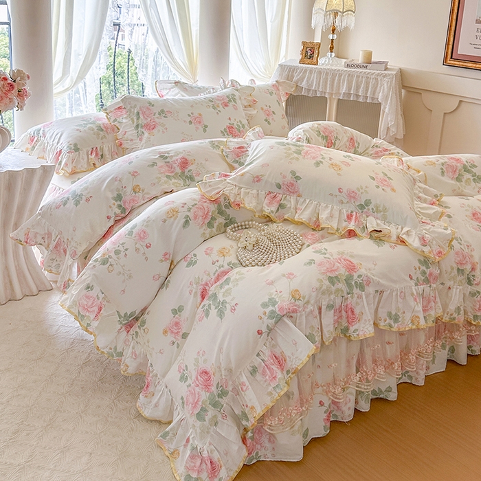 91家纺网 家纺一手货源 找家纺 网红馆（ck家纺） 2026春夏新款小清新全棉印花床裙四件套 蕾丝花海