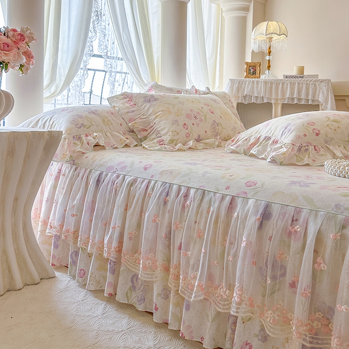 91家纺网 家纺一手货源 找家纺 网红馆（ck家纺） 2026春夏新款小清新全棉印花床裙四件套 甜心花朵