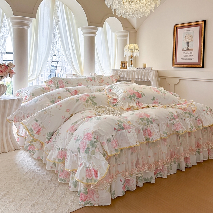 91家纺网 家纺一手货源 找家纺 网红馆（ck家纺） 2026春夏新款小清新全棉印花床裙四件套 蕾丝花海