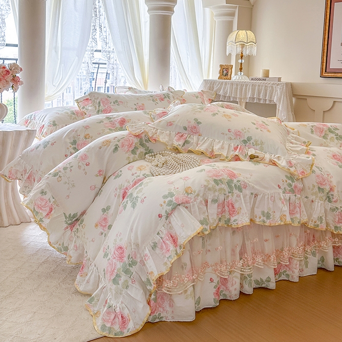 91家纺网 家纺一手货源 找家纺 网红馆（ck家纺） 2026春夏新款小清新全棉印花床裙四件套 蕾丝花海