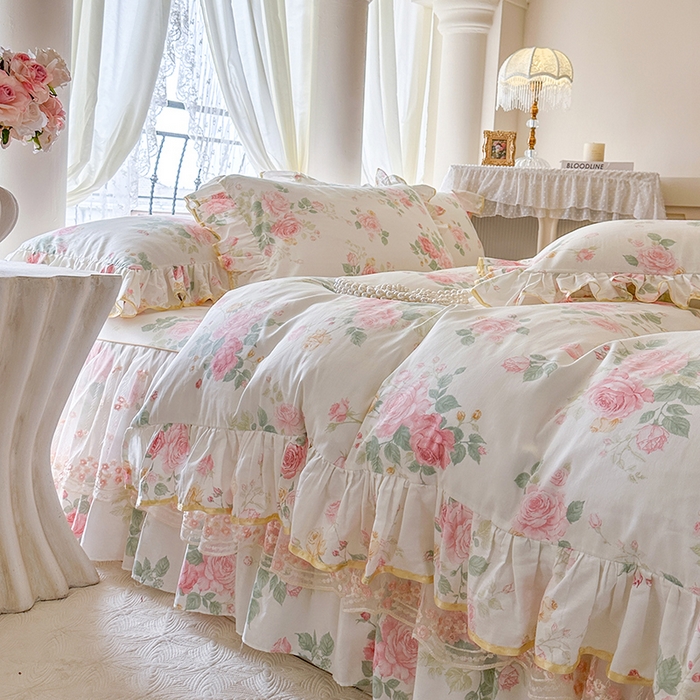 91家纺网 家纺一手货源 找家纺 网红馆（ck家纺） 2026春夏新款小清新全棉印花床裙四件套 蕾丝花海