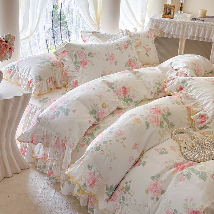 91家纺网 家纺一手货源 找家纺 网红馆（ck家纺） 2026春夏新款小清新全棉印花床裙四件套 蕾丝花海