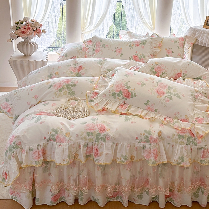 91家纺网 家纺一手货源 找家纺 网红馆（ck家纺） 2026春夏新款小清新全棉印花床裙四件套 蕾丝花海