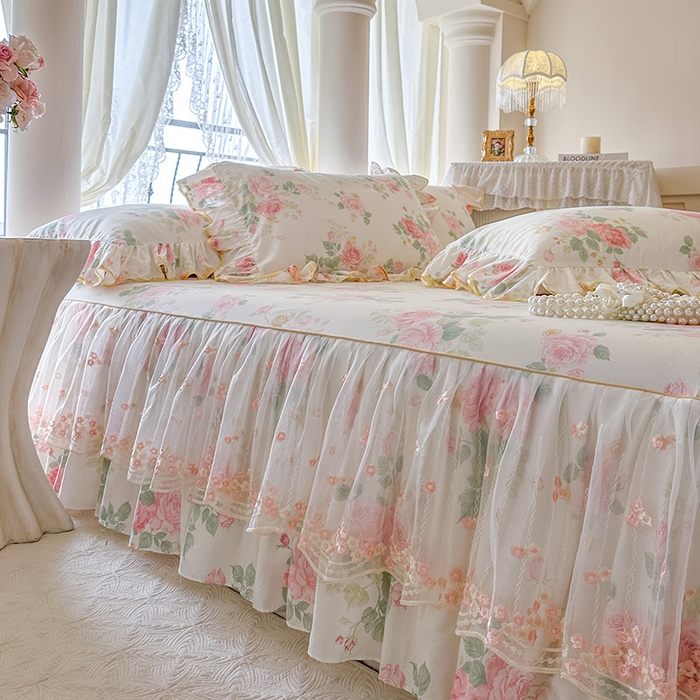 91家纺网 家纺一手货源 找家纺 网红馆（ck家纺） 2026春夏新款小清新全棉印花床裙四件套 蕾丝花海