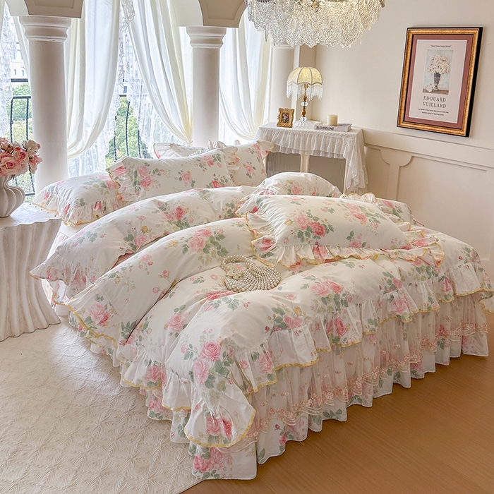 91家纺网 家纺一手货源 找家纺 网红馆（ck家纺） 2026春夏新款小清新全棉印花床裙四件套 蕾丝花海