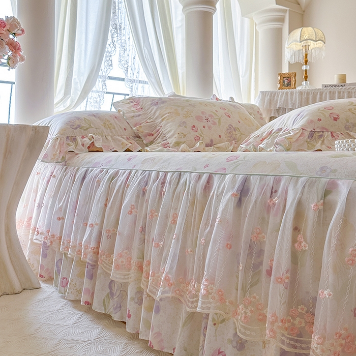 91家纺网 家纺一手货源 找家纺 网红馆（ck家纺） 2026春夏新款小清新全棉印花床裙四件套 甜心花朵