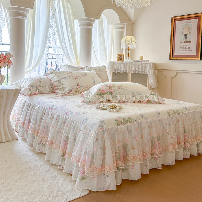 91家纺网 家纺一手货源 找家纺 网红馆（ck家纺） 2026春夏新款小清新全棉印花床裙四件套 花蔓蓝