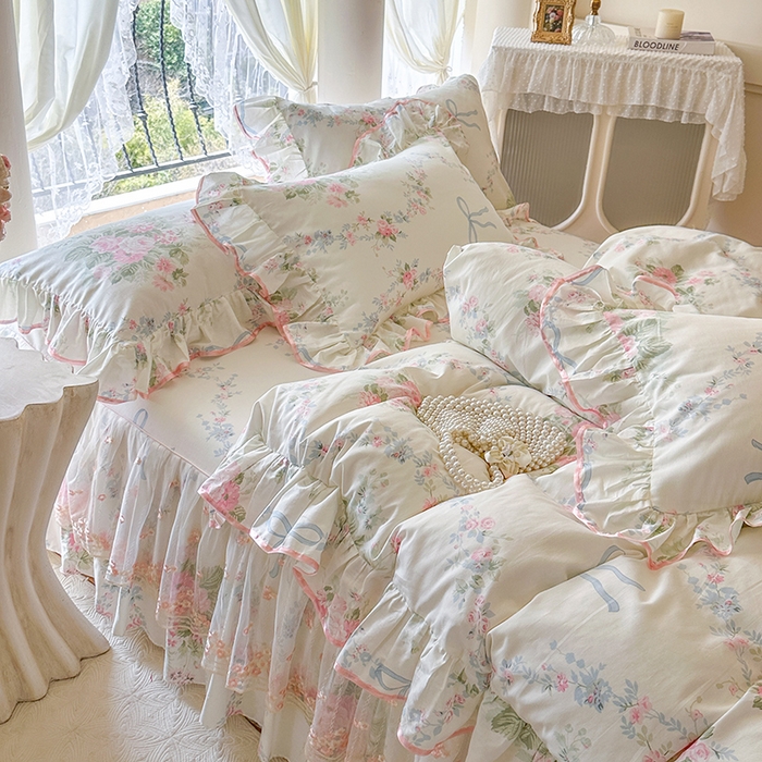 91家纺网 家纺一手货源 找家纺 网红馆（ck家纺） 2026春夏新款小清新全棉印花床裙四件套 花蔓蓝