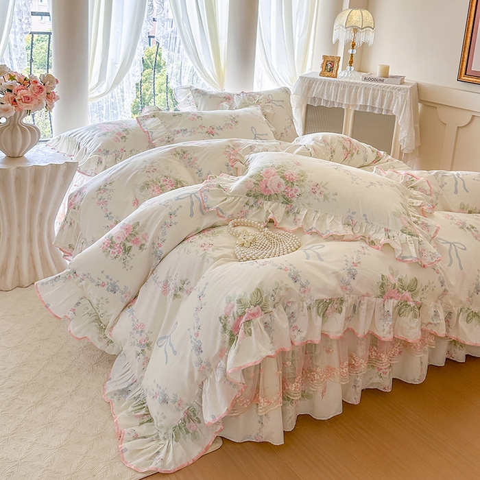 91家纺网 家纺一手货源 找家纺 网红馆（ck家纺） 2026春夏新款小清新全棉印花床裙四件套 花蔓蓝