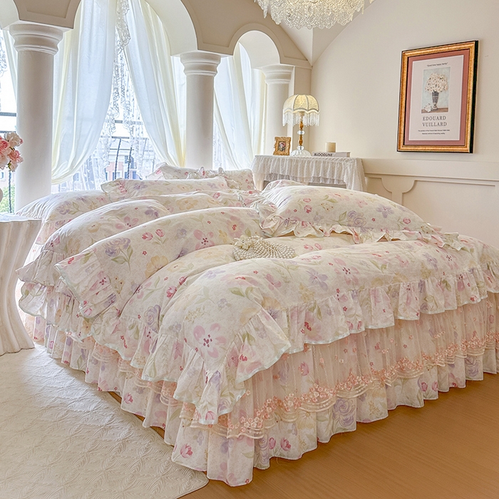 91家纺网 家纺一手货源 找家纺 网红馆（ck家纺） 2026春夏新款小清新全棉印花床裙四件套 甜心花朵