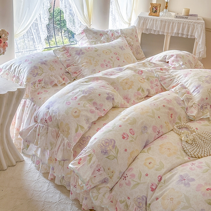 91家纺网 家纺一手货源 找家纺 网红馆（ck家纺） 2026春夏新款小清新全棉印花床裙四件套 甜心花朵