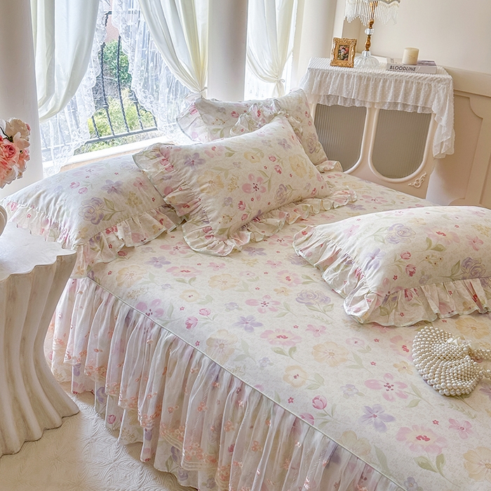 91家纺网 家纺一手货源 找家纺 网红馆（ck家纺） 2026春夏新款小清新全棉印花床裙四件套 甜心花朵