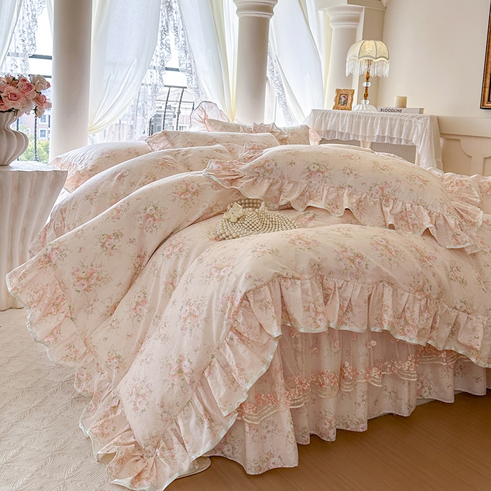 91家纺网 家纺一手货源 找家纺 网红馆（ck家纺） 2026春夏新款小清新全棉印花床裙四件套 翩翩花语