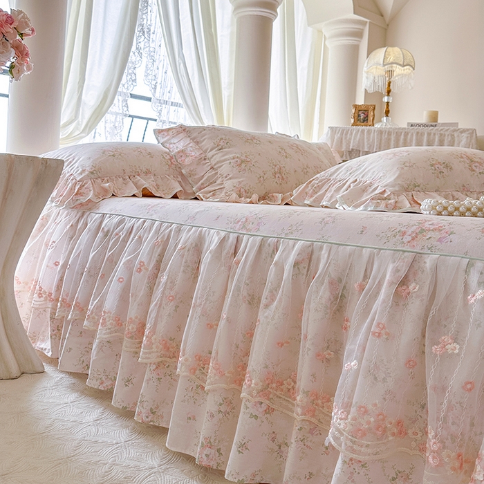 91家纺网 家纺一手货源 找家纺 网红馆（ck家纺） 2026春夏新款小清新全棉印花床裙四件套 翩翩花语