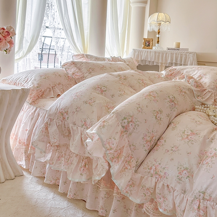 91家纺网 家纺一手货源 找家纺 网红馆（ck家纺） 2026春夏新款小清新全棉印花床裙四件套 翩翩花语