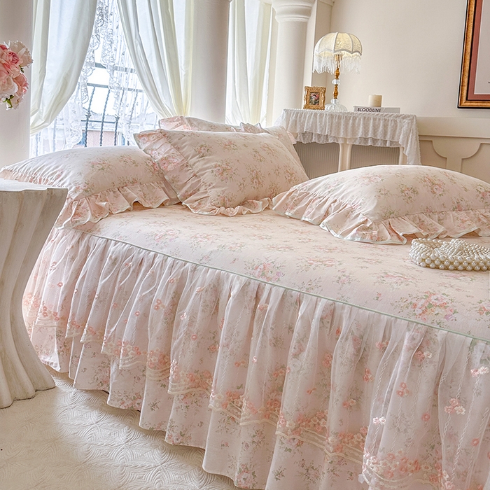 91家纺网 家纺一手货源 找家纺 网红馆（ck家纺） 2026春夏新款小清新全棉印花床裙四件套 翩翩花语