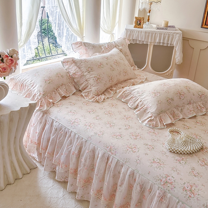 91家纺网 家纺一手货源 找家纺 网红馆（ck家纺） 2026春夏新款小清新全棉印花床裙四件套 翩翩花语