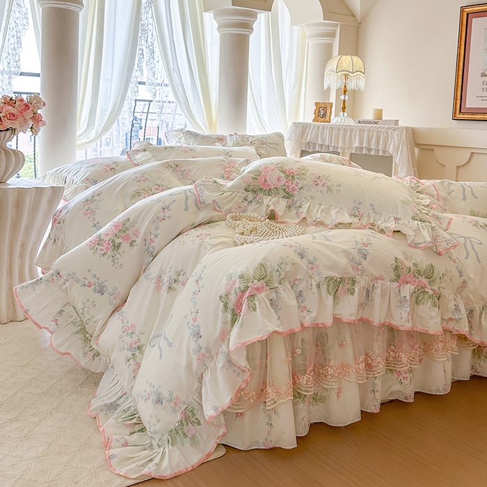 91家纺网 家纺一手货源 找家纺 网红馆（ck家纺） 2026春夏新款小清新全棉印花床裙四件套 花蔓蓝