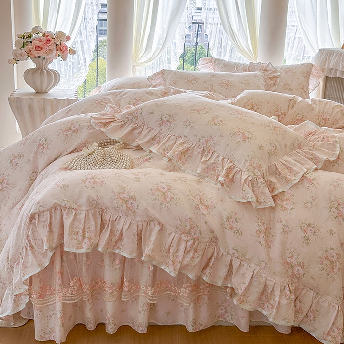 91家纺网 家纺一手货源 找家纺 网红馆（ck家纺） 2026春夏新款小清新全棉印花床裙四件套 翩翩花语