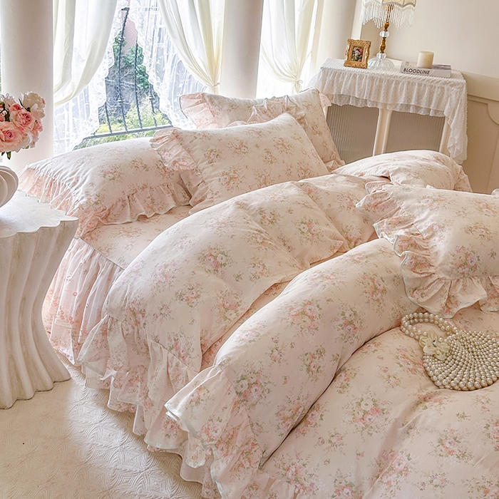 91家纺网 家纺一手货源 找家纺 网红馆（ck家纺） 2026春夏新款小清新全棉印花床裙四件套 翩翩花语