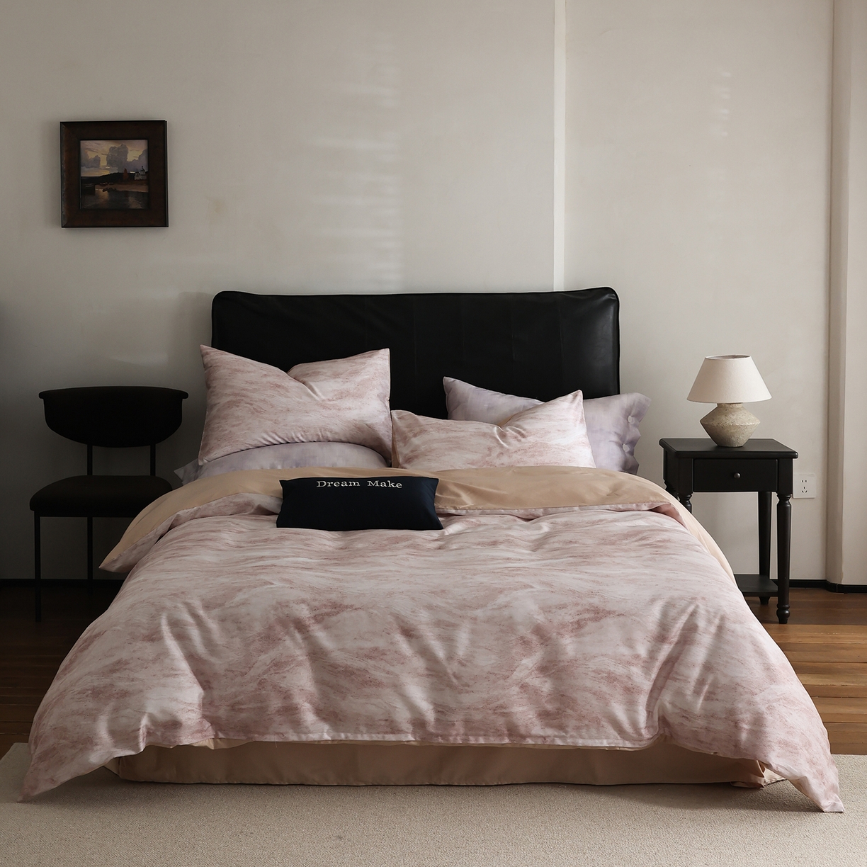 91家纺网 家纺一手货源 找家纺 ONE TWO ONE 121 2026新款专版数码印花100s50支数码印花长绒棉全棉纯棉四件套水墨江隐风格二 水墨江隐-粉