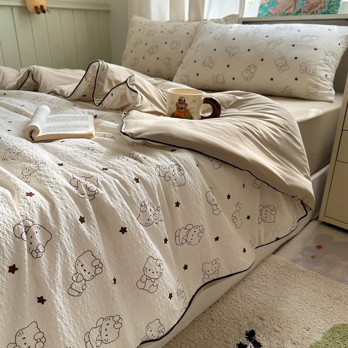 91家纺网 家纺一手货源 找家纺 初念 2026新款泡芙纱单夏被凉糖系列（凉而不冰的触感，清凉与柔软兼得） 凉糖-描线小猫 咖