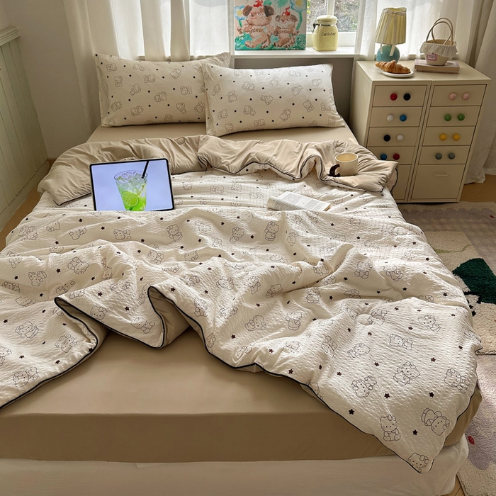 91家纺网 家纺一手货源 找家纺 初念 2026新款泡芙纱单夏被凉糖系列（凉而不冰的触感，清凉与柔软兼得） 凉糖-描线小猫 咖