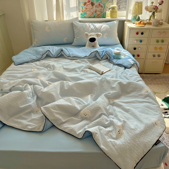 91家纺网 家纺一手货源 找家纺 初念 2026新款泡芙纱单夏被凉糖系列（凉而不冰的触感，清凉与柔软兼得） 凉糖-蓝领结狗